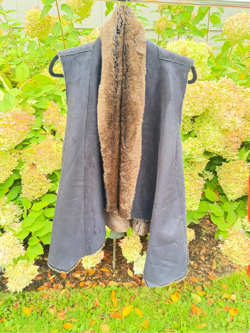 Aqua Black Open Vest with Brown Faux Shearling Trim